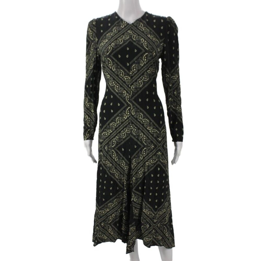Whistles Womens Fit & Flare Black Paisley V Neck Knee Dress Size 6